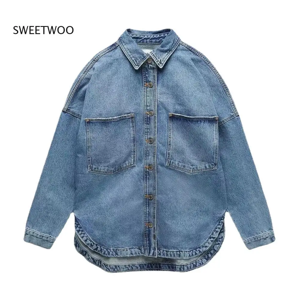 

2022 Spring Denim Shirt Coat Women Long Sleeve Pocket Cardigan Streetwear Casual Jean Jacket Harajuku Cowboy Outwear Tops Female