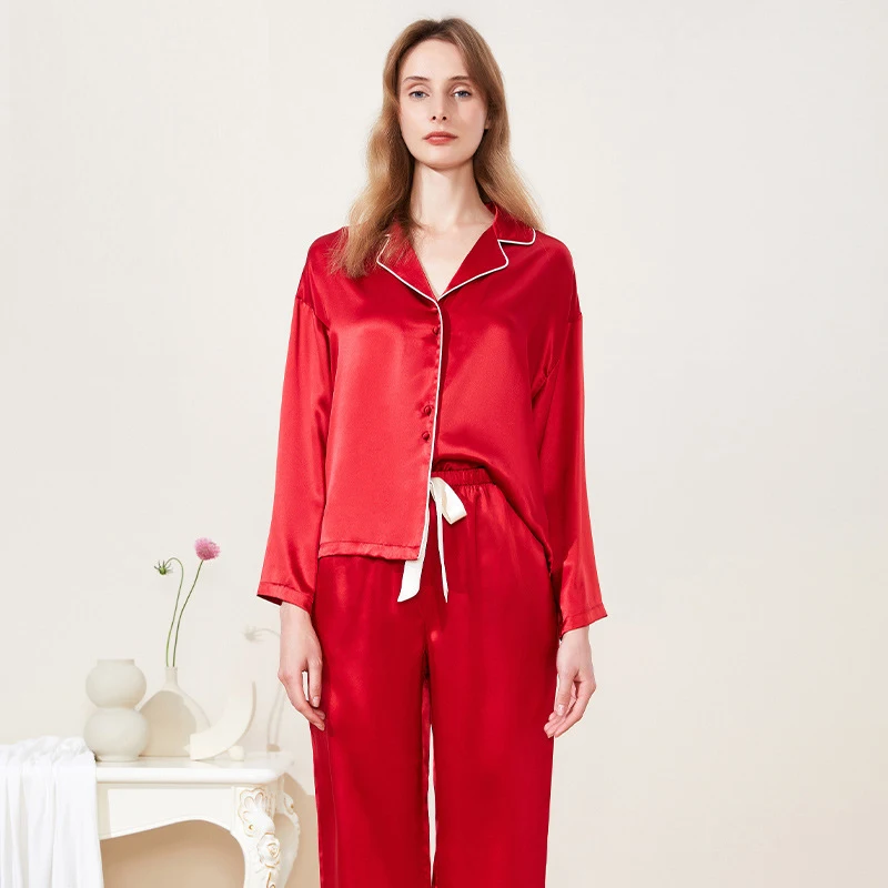 2023 NEW Summer 19mm 100%Silk Pajamas Set Women Silk Homewear Cardigan Sleepwear Red Blue High Quality Clothing