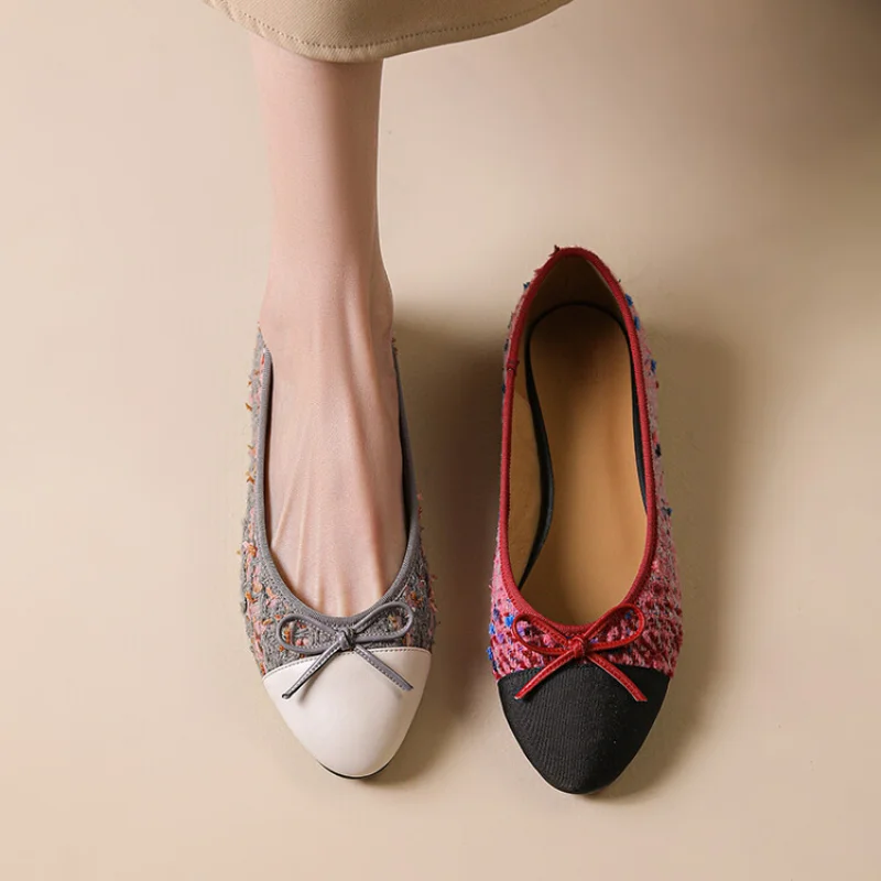 

Женские балетки из твида, с круглым носком, на плоской подошве