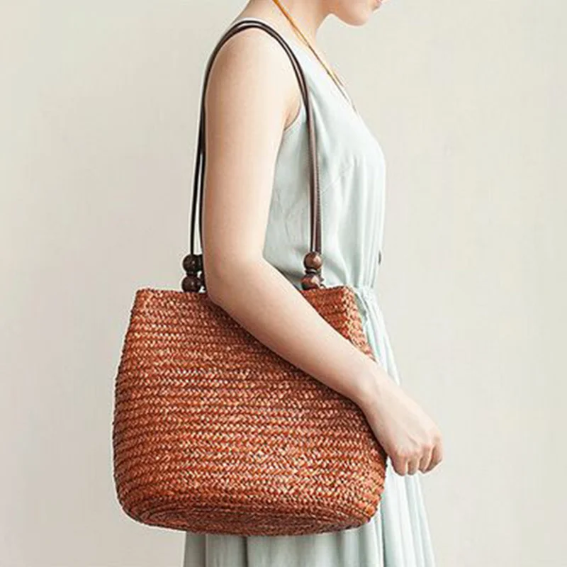 

Bohemia Straw Shoulder Bag Women Large Capcity Woven Bucket Beach Bag Handmade Travel Handbag Rattan Shopping Lady Totes Bolso