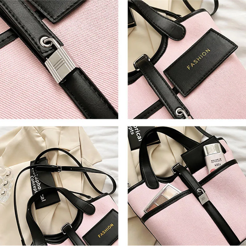 Women Fashion Handbag Large Capacity Canvas Single Shoulder Bag Contrasting Colors Simple Crossbody Bucket Bags Casual Versatile