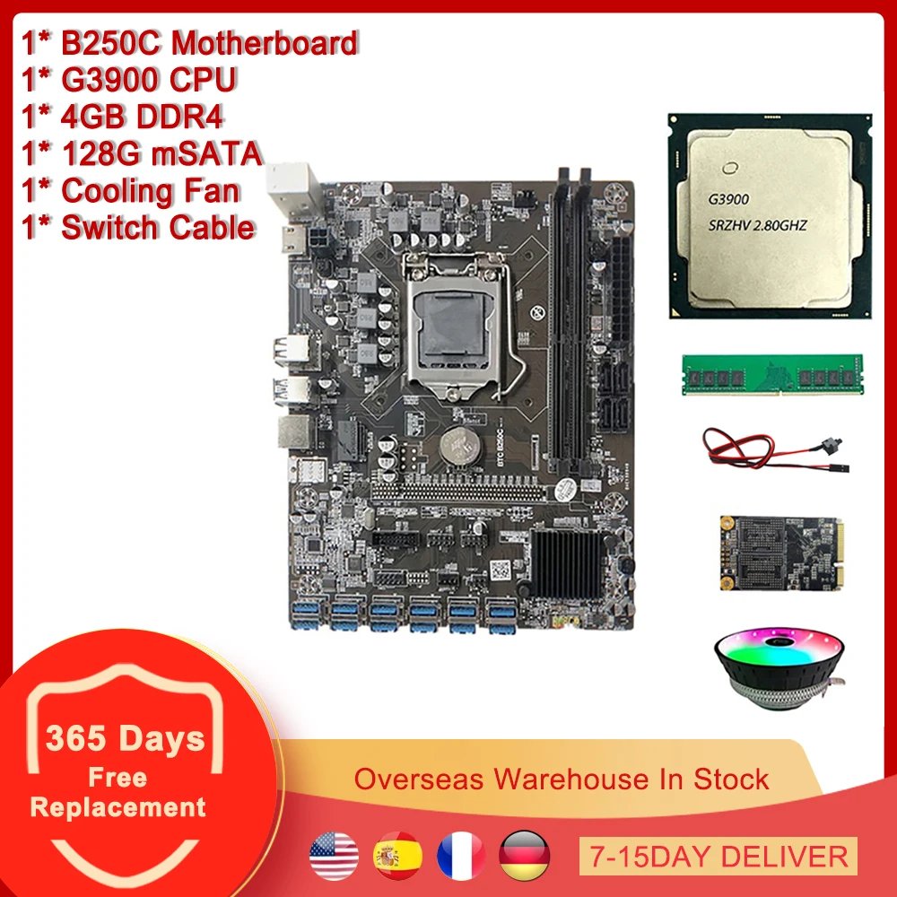 Материнская плата для майнинга B250C 12 USB 3 0 к PCIe X16 PCI-E 16X графическая карта G3900 ЦП RGB