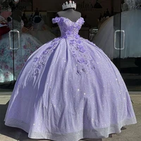 2022 romantic lavender tulle flowers lace puffy party dresses for women birthday party sequin beading quinceanera prom dress