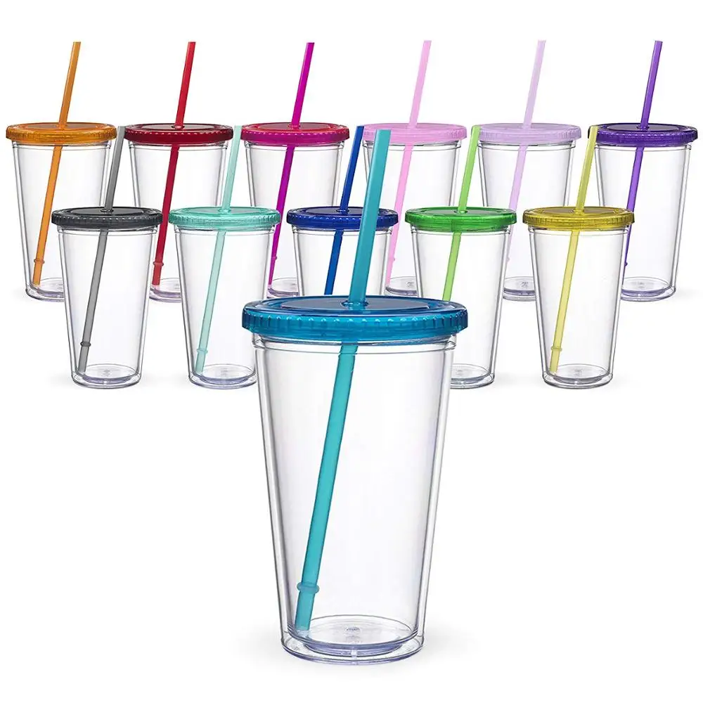 

16oz Plastic Clear Juice Cup Double Wall Insulated Acrylic Cone Water Bottle With Straws And Lid Reusable Tumbler For Gift