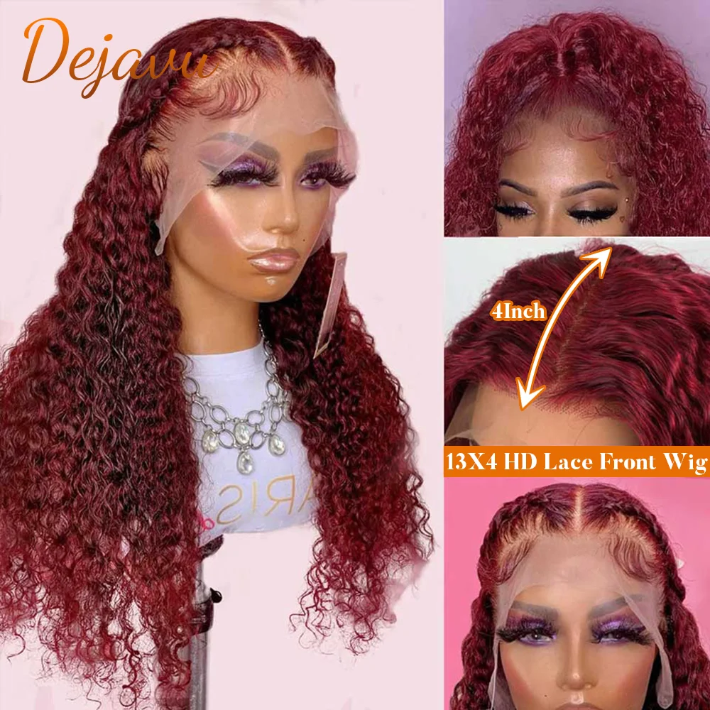 99J Burgundy Transparent Deep Wave Lace Frontal Wig 13x4 Red Color Brazilian Remy 4x4 Closure Wig Curly Human Hair Wig for Women