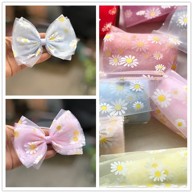 

5yards 120mm/60mm Small Daisies Print Organza Ribbon Gift Wrapping Hairbow DIY Decoration Christmas Silk Ribbons Lace Fabric