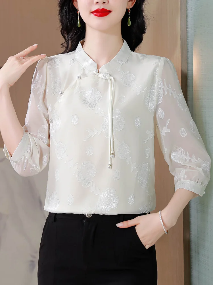 Новые китайские шифоновые рубашки с рукавом три четверти Женская одежда Весна и