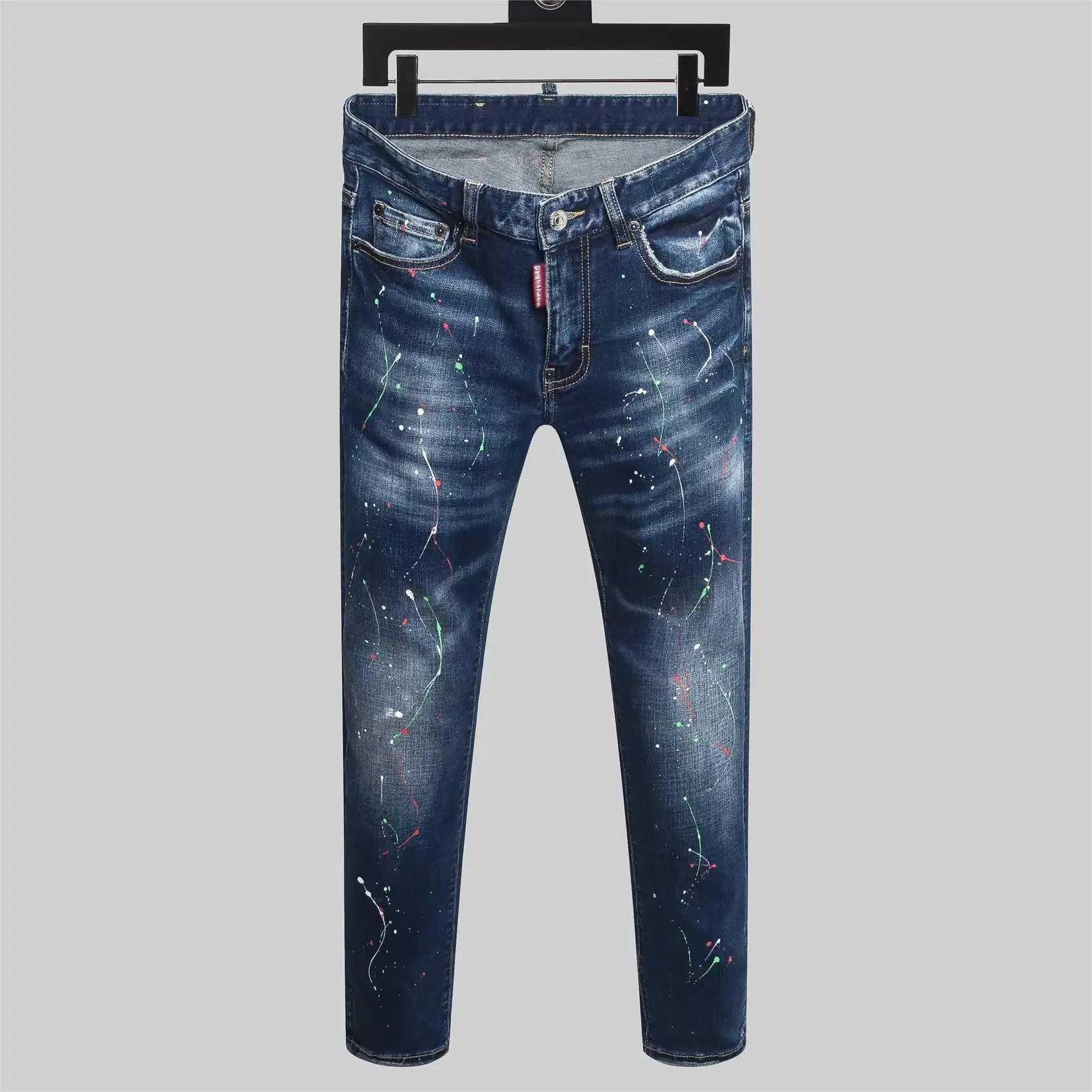 

2023 new fashion tide brand men's washing worn out torn paint locomotive jeans