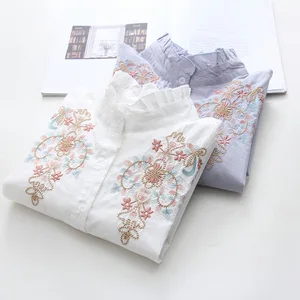 2019 Летний Новый вышитый цветок женские блузки и рубашки 100% хлопок тонкий офис леди повседневные белые рубашки и пиджаки Пальто Топы