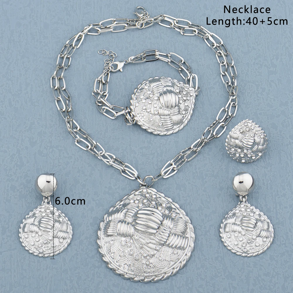 

Italian Gold Plated Jewelry Set Woman Large Pendant Zircon Necklace Earrings Wedding Party Accessories Bracelet Ring Wife Gift