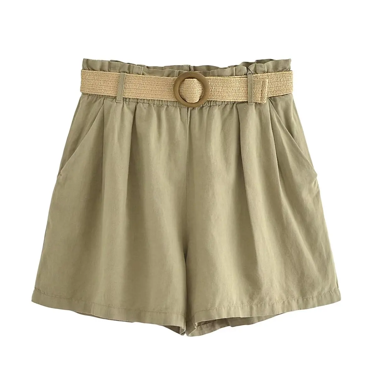 

Women 2023 New Chic Fashion Flax Blended Paper Bag Leisure With Belt Shorts Vintage High Elastic Waist Female Short Pants