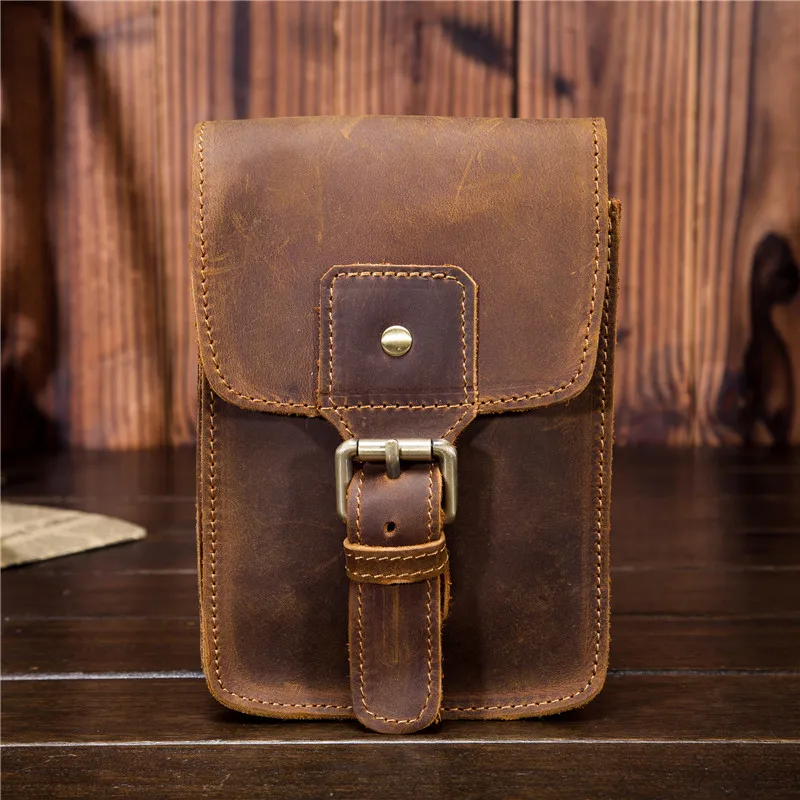 

Crazy Horse Cow Leather Mens Waist Bag Genuine Leather Travel Small Fanny Pack Belt Loops Hip Bum Bag Male Phone Pouch