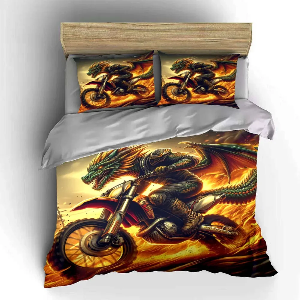 Набор постельного белья с принтом «Dragon Moto Rider»: мягкий и удобный комплект, включающий 1 пододеяльник и 2 наволочки, подарок (art.: 3920db2d32ce2) - 3920db2d32ce2