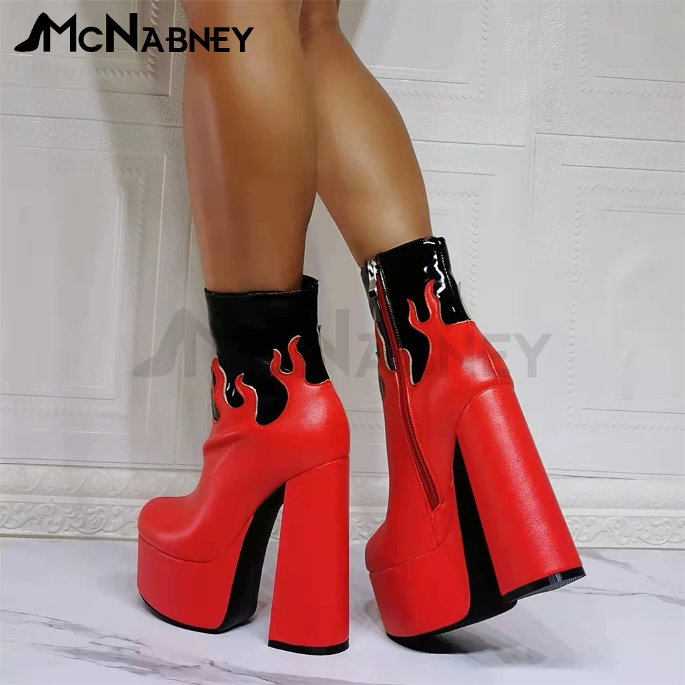 Mixed Color Ankle Boots Super High Platform Shoes Red Flame Black Leather Boots Unique Design Style Shoes Platform Modern Boots