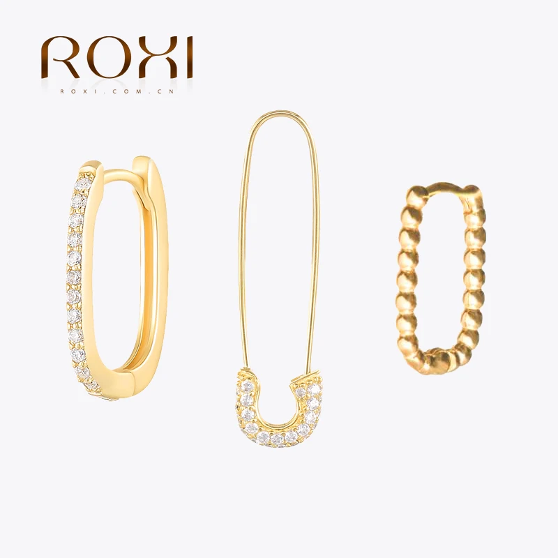 ROXI Simple Crystals Pin Hoop Earrings For Women 925 Sterling Silver Earrings Jewelry Ins Pendientes Plata 925 Silver Earrings