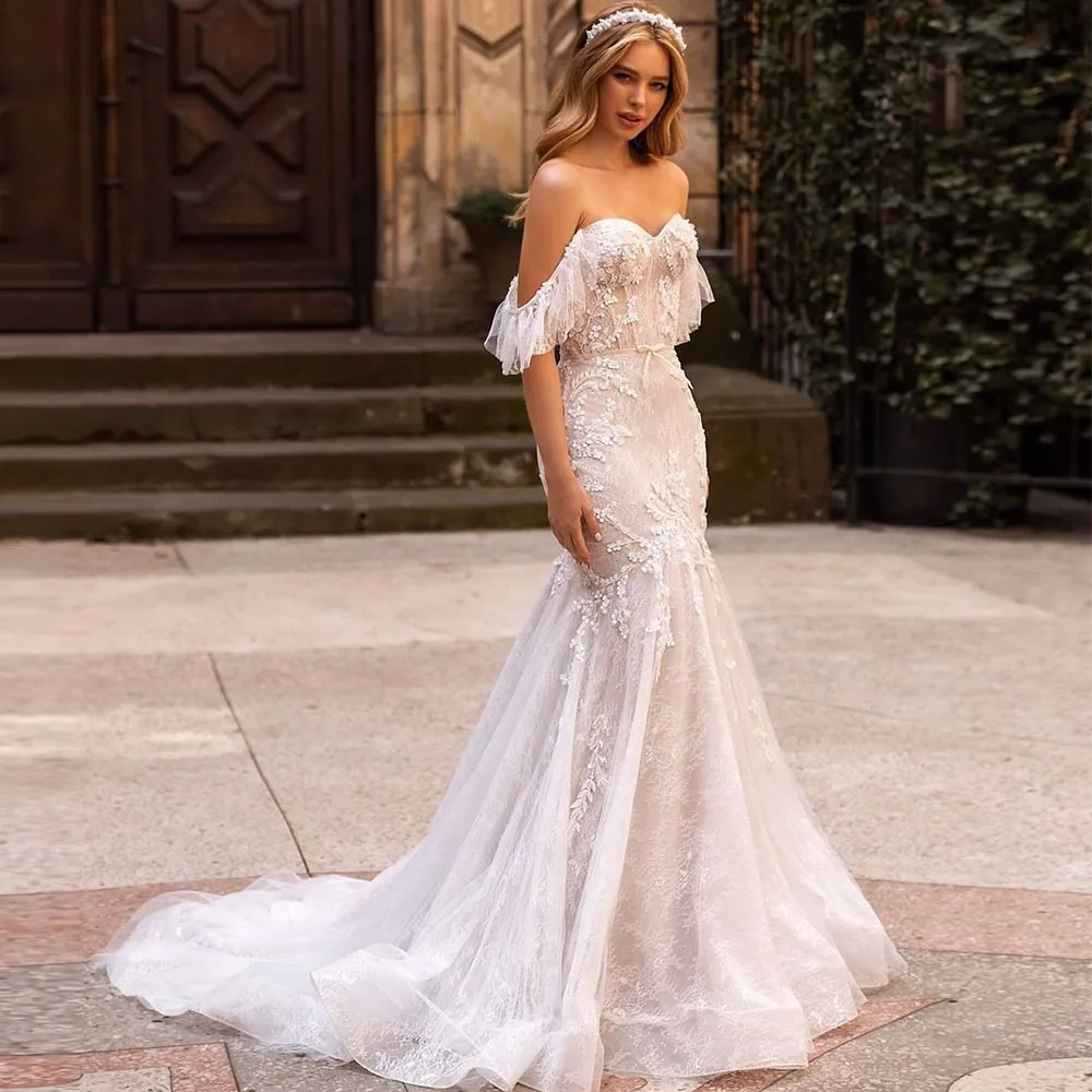 

Sexy Boho Mermaid Tulle Wedding Dresses Sweetheart Neck Lace Appliques Off The Shoulder With Ruffles Zipper Backless Bridal Gown