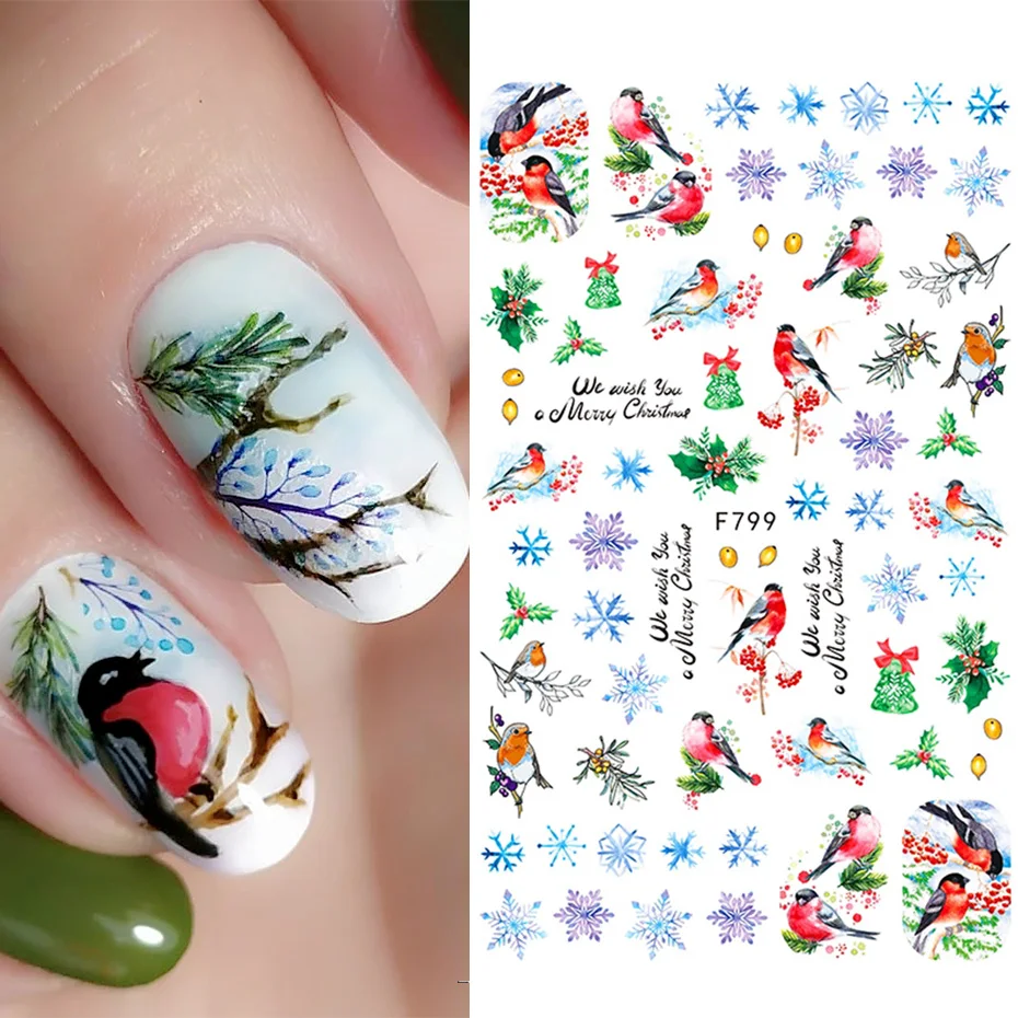 

Winter Christmas Nail Sticker Snowflake Magpie Bird 3D Slider Leaf Halloween New Year Design Decorations Manicure SAF795-801