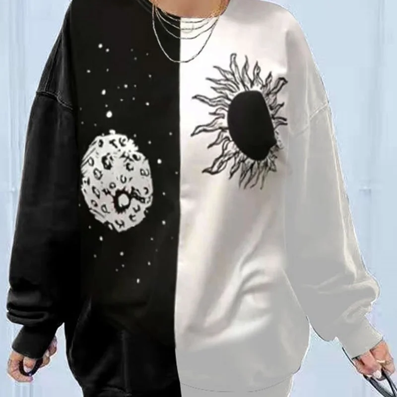 

Fashion Black and White Stitching Pattern Printed Oversized Sweatshirt Women Autumn New O- Neck Loose Casual Long Sleeve Tops