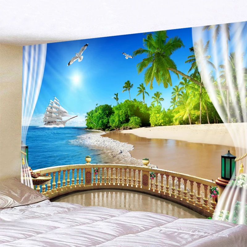 

Художественное украшение для дома, коврик для йоги, диванная подушка, гобелен для окон с видом на море, индивидуальный фон, настенный Ландшафтный принт, гобелен tapiz