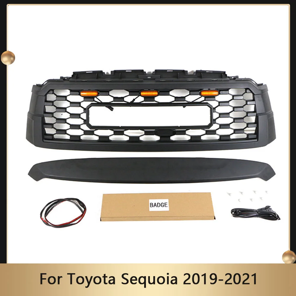 

Auto Part Car Style Front Grille With Amber Light And Name For Toyota Sequoia 2019 2020 2021 Replace ABS Upper Grid Racing Grill