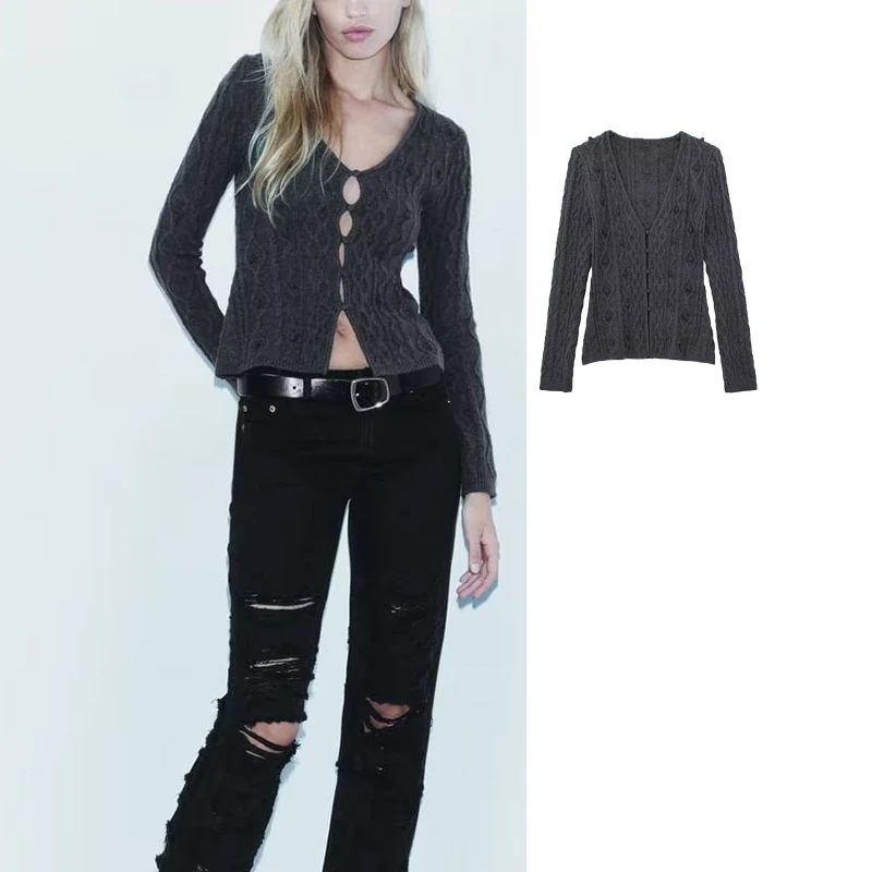 

Женский трикотажный кардиган с V-образным вырезом и длинным рукавом