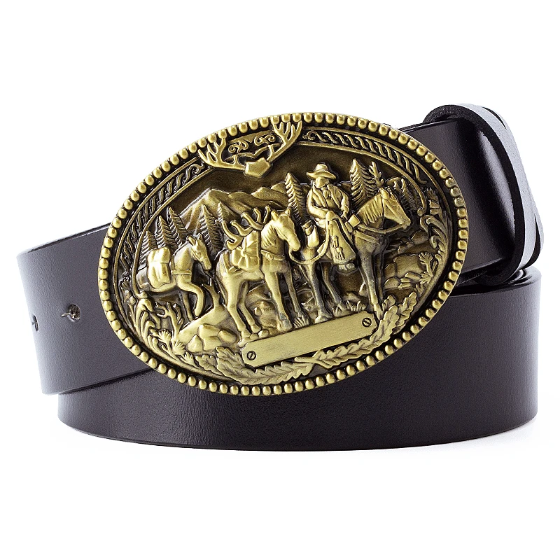 Fashion Cowboy Style Belts Cowskin Leather American Western Cowboy Myth Ride Horse Buckle Gold Rush Decorative Waistband