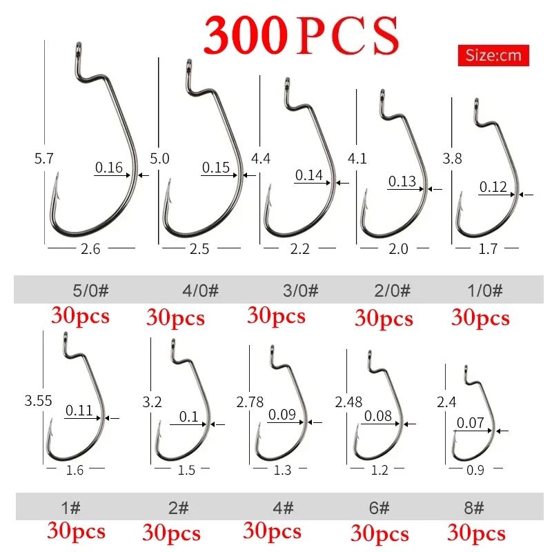 

300pcs/lot 10 models Mixed Fish Soft worm hook High carbon steel wide Super lock hook Bait Soft hook 1#2#4#6#8#-5/0 tackle