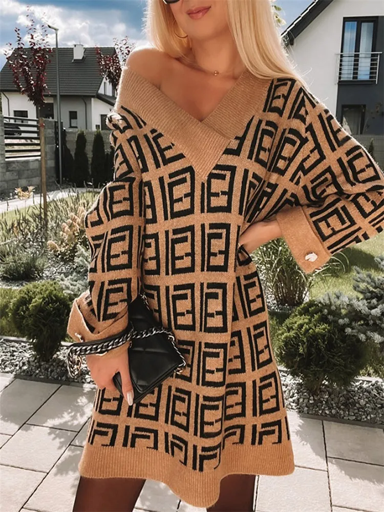 

2022 New Dresses For Women Geometric Print Long Sleeve Sweater Dress Y2k Vestidos De Mujer Casual Elegant Mini Robe Female