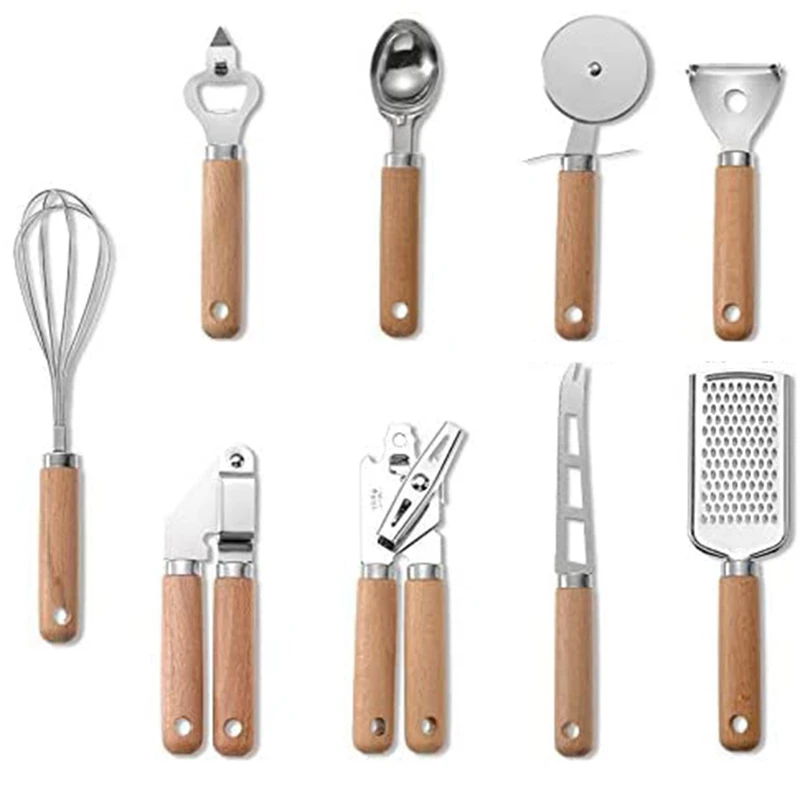 

Kitchen Cooking Utensils Set,Stainless Steel Gadget Tool With Wooden Handle,Whisk/Peeler/Cutter/Can Opener/Corkscrew