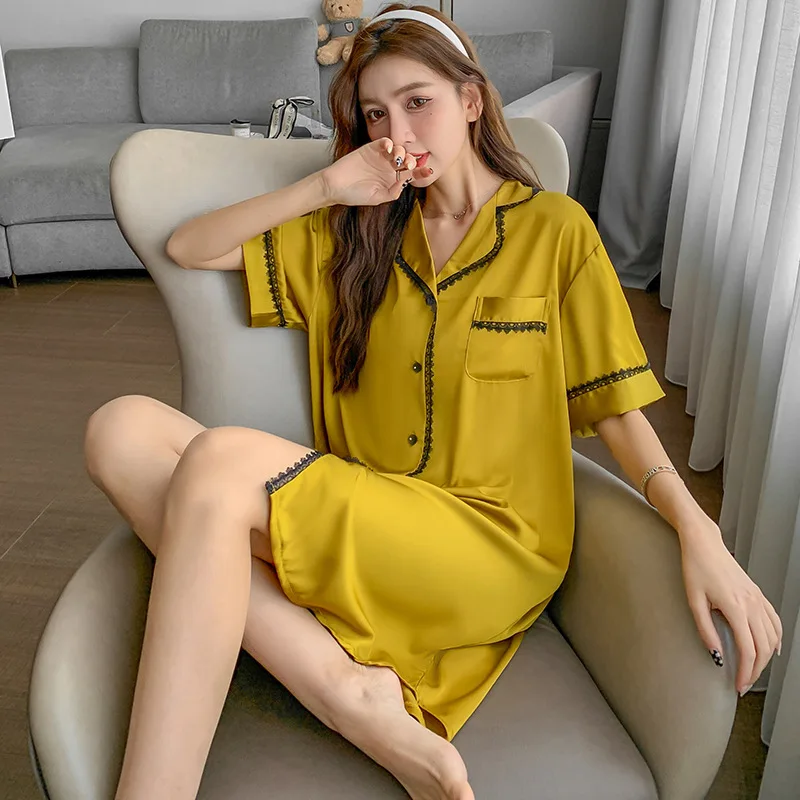

Sleepshirt Yellow Women Nightwear Satin Lace Patchwork Nightgown Intimate Lingerie Casual Home Clothing Short Sleeve Nightdress