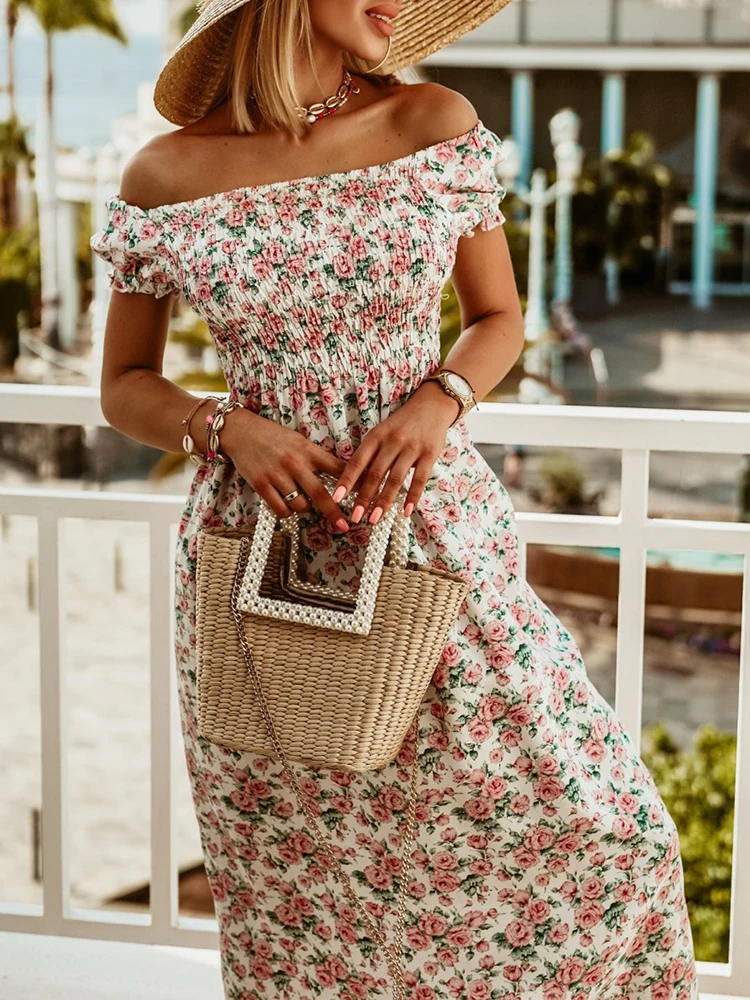 

Sexy One Shoulder Short Sleeve Print Long Dress Summer Casual Pleated Bohe Beach Dress Women Fashion Elastic Waist Party Dresses