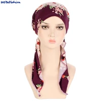 womens muslim hijab floral print pre tied headwear wide band bowknot turabn for women bandana chemo cancer cap hair accessories