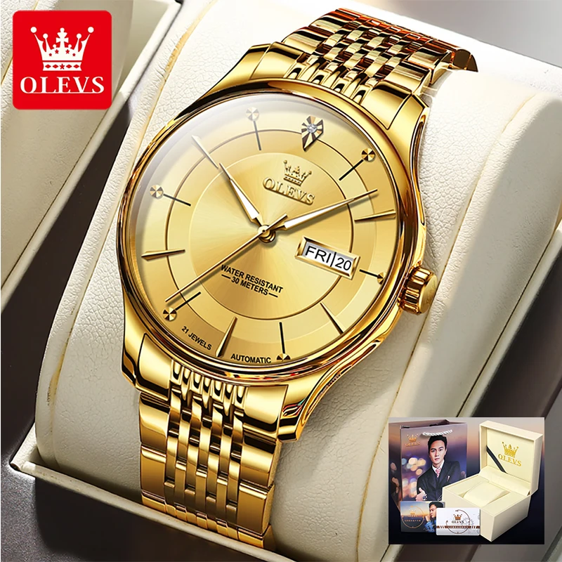 

Мужские механические наручные часы OLEVS, деловые Простые Классические Оригинальные автоматические часы, водонепроницаемость 30 м, светящиеся золотые часы для мужчин, неделя