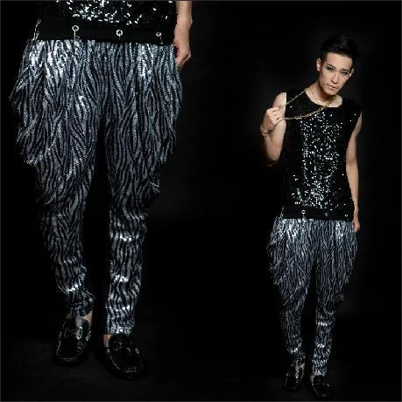 

Grey fashion men's clothing paillette trousers leopard print personalized pants costumes singers Original design Customizable
