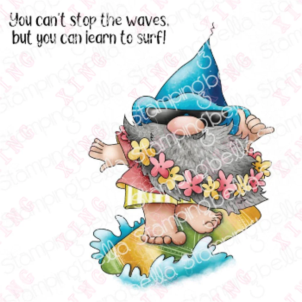 

Newest Scrapbook Decor Embossing Template Diy Gift Card Handmade Craft Silicone Stamps Gnome Riding the Waves Metal Cutting Dies