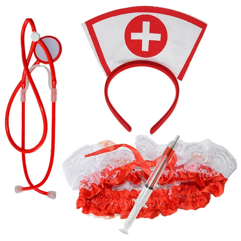 

Nurse Hat Shape Headband Stethoscope Pen Thigh Belt Cosplay Costume Headdress Halloween Birthday Party Chic Set