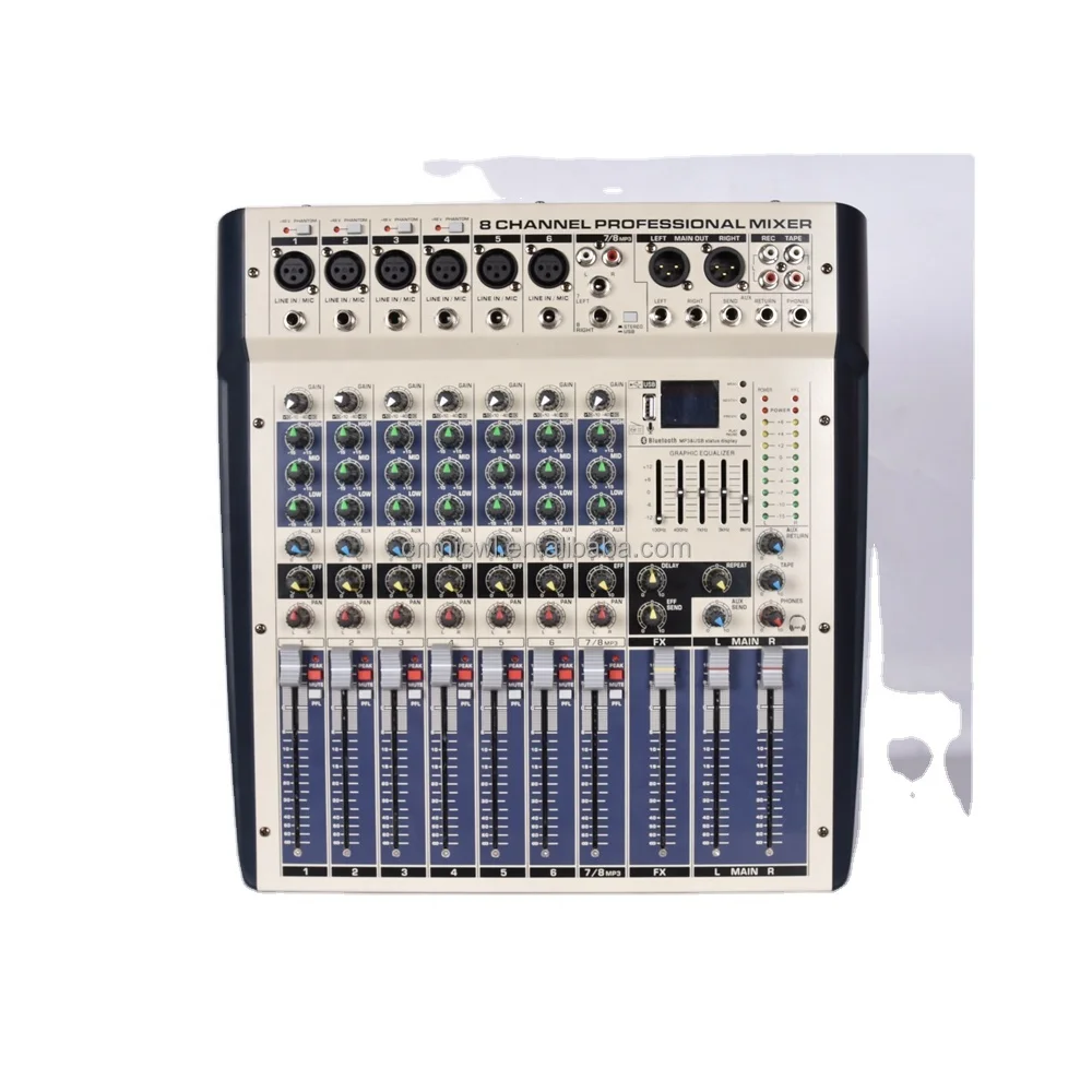 

MiCWL99 DSP effect USB 48V Phantom 8 Channel Audio Mixer Mixing Console 2400W D Type Digital Power Amplifier