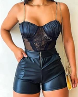 chain strap sheer mesh patch bodysuit two piece set shorts set women 2022 summer new black sexy night club suit