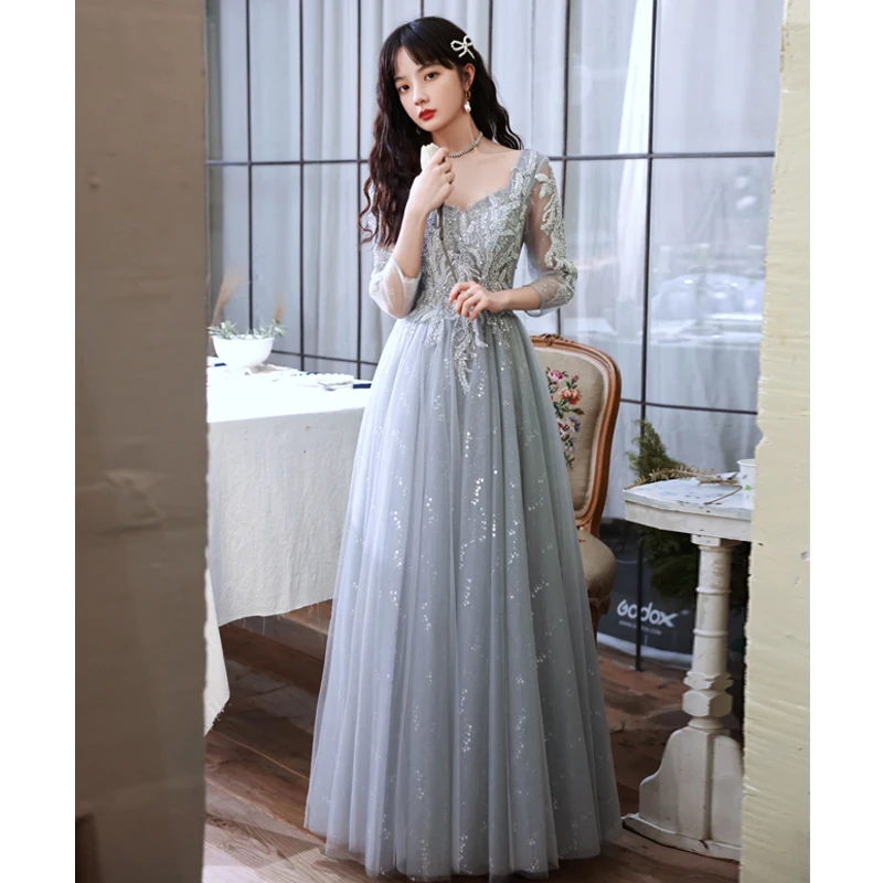 

Gray Prom Dresses Long Elegant Square Neck Luxury Appliques A-Line Floor-Length Tulle Women Formal Gowns For Wedding Party