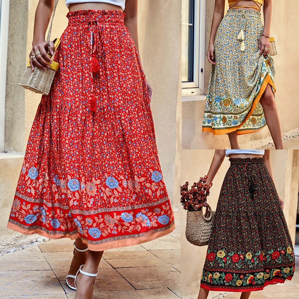 

Summer Skirts Womens Clothing 2022 New Bohemian Holiday Casual Long High Waist A-line Floral Printed Style Beach Female Skirt