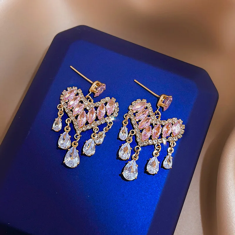 

South Korea Long Zircon Earrings Geometric Hollow Heart Set Diamond Earrings Female Sen Series Sweet Ins Earrings Wholesale