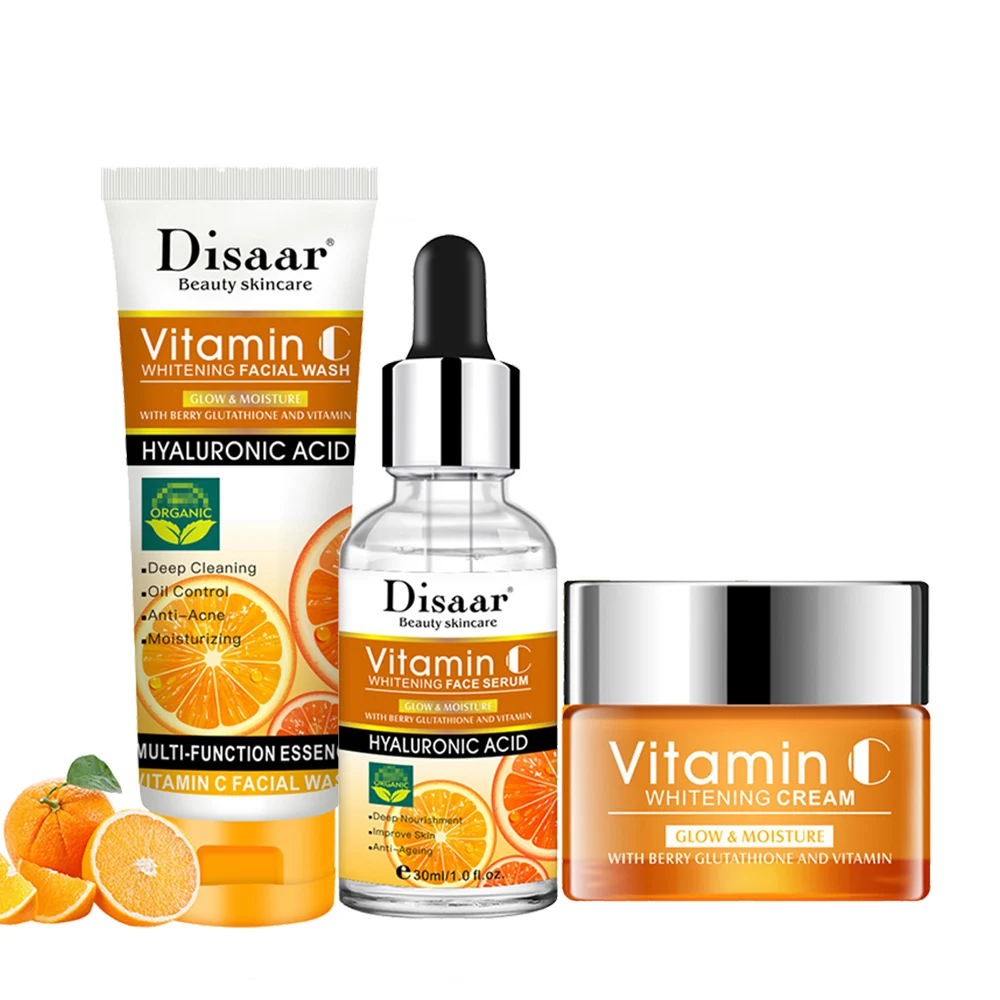 

Наборы для ухода за кожей лица с витамином С, 3 шт., отбеливающий крем, укрепляющая сыворотка против морщин, набор для ухода за лицом, набор дл...