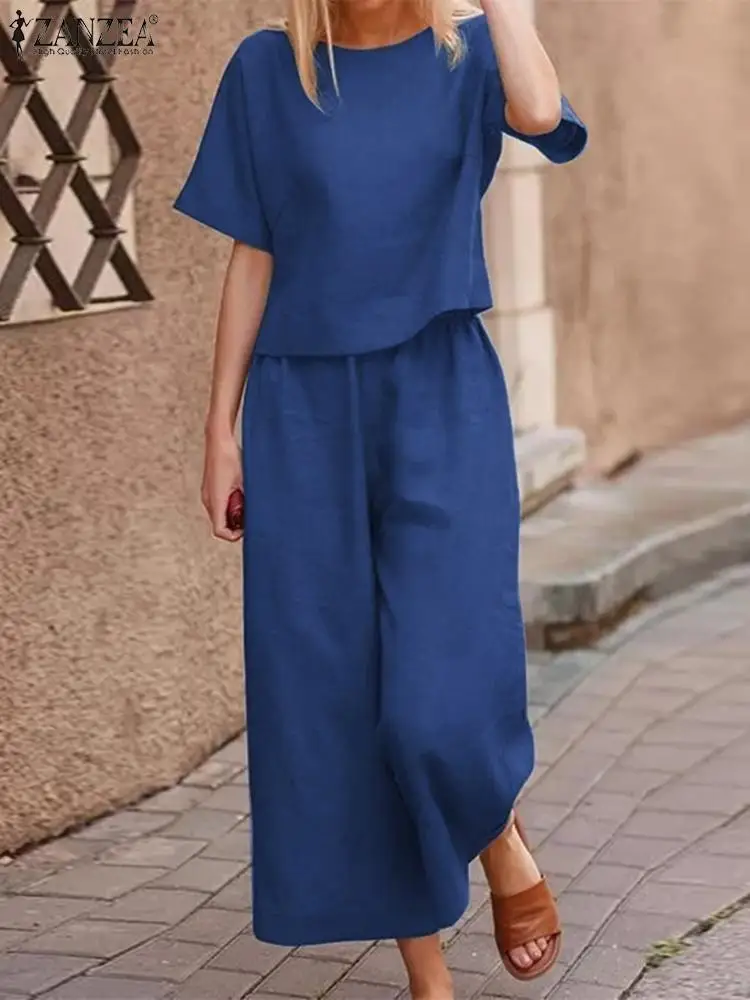 

2PCS ZANZEA Oversized Women Spring Blouse and Pants Elegant Matching Sets Long Sleeve Blusas Female Elastic Waist Long Pantalon