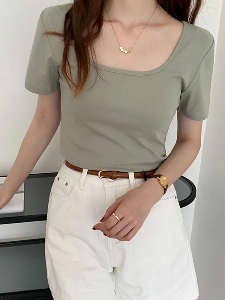 Woherb Однотонная футболка с квадратным воротником женские облегающие