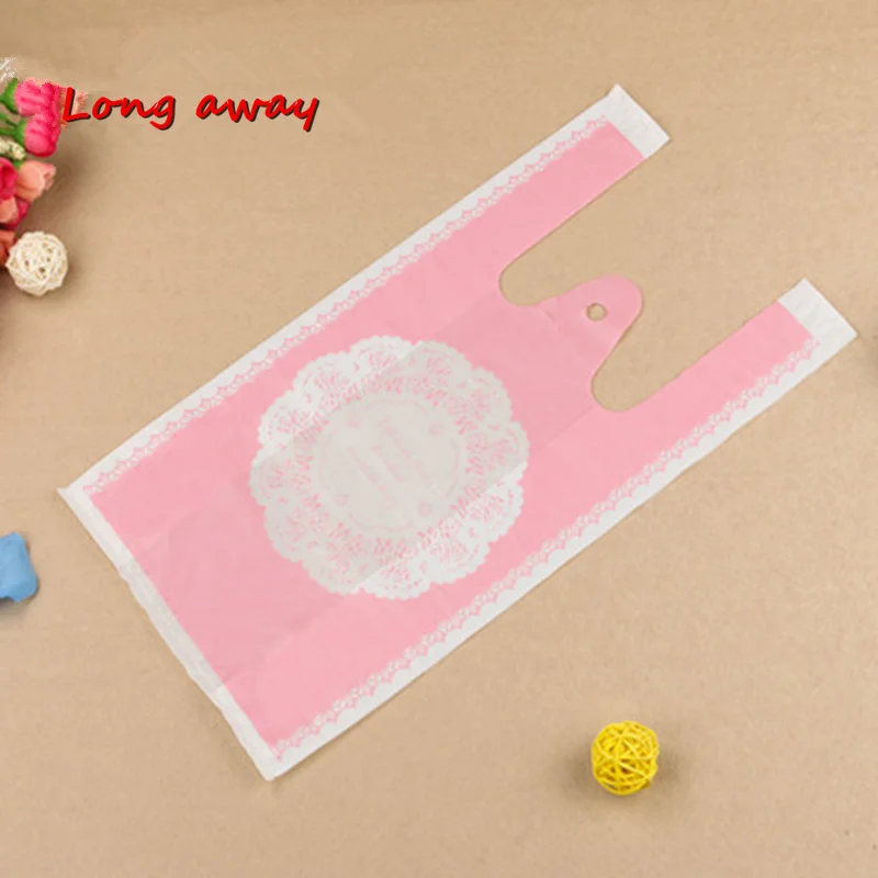

100pcs White Round Lace Shopping Bag,Vest Bag,Gifts Plastic Bag with Handle for Carry Bag Cookies Wrappers S L Size