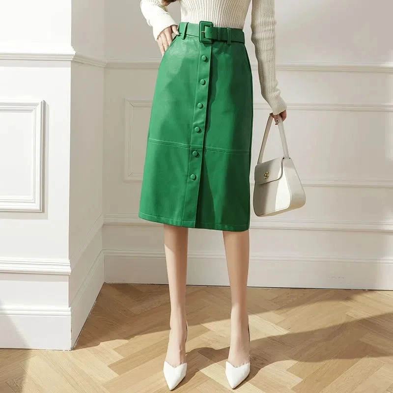 

Women A-line Autumn Split-step New Length Leather Mid Skirt