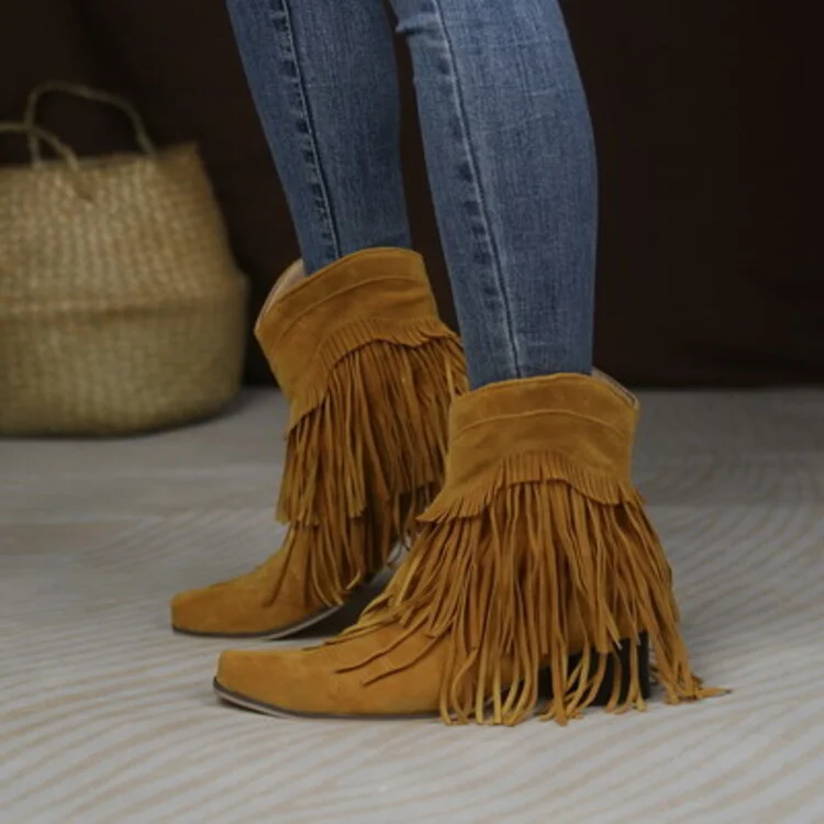 Tassel Western Cowboy Boots Women Fashion Chunky Heels Cowgirl Boots Winter Slip On Female Big Size 43 Ankle Boots
