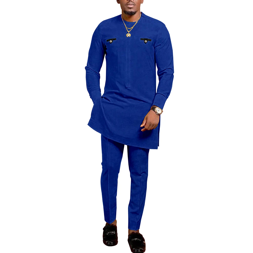 African Suits for Men Modern Dashiki Outfit 2 Piece Set Fashion Slim Fit Top Pants Attire Clothes V2216516