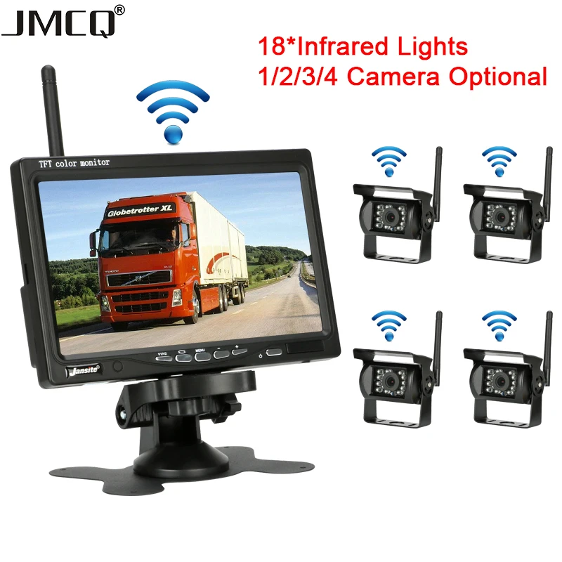 JMCQ Wireless Truck Monitor 7" 18 infrared lights Night Vision Reverse Backup Wifi Camera For Bus Car  1/2/3/4 Lens