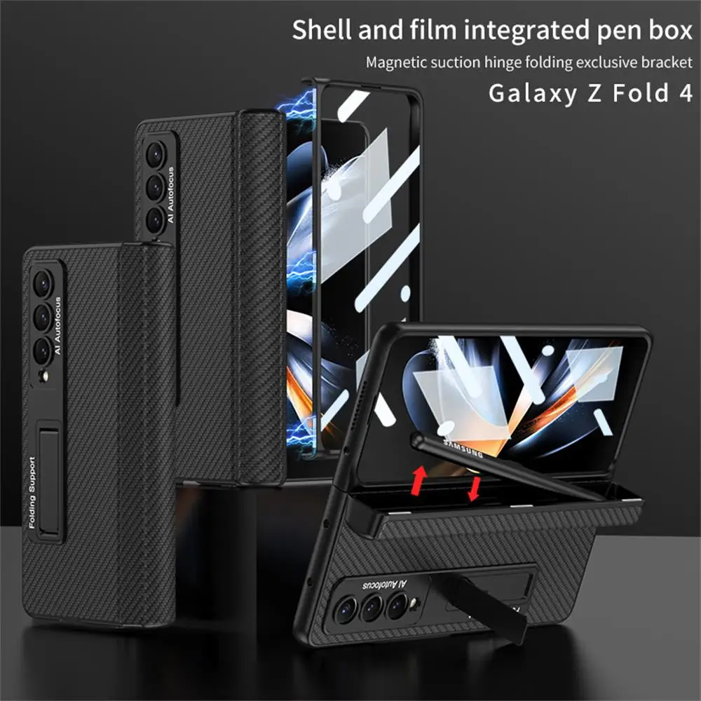 

For Samsung Galaxy Z Fold 4 Case Luxury Shell Film Integrated Plain Leather Bracket Magnetic Folding Hinge Pen Slot Hard Cover